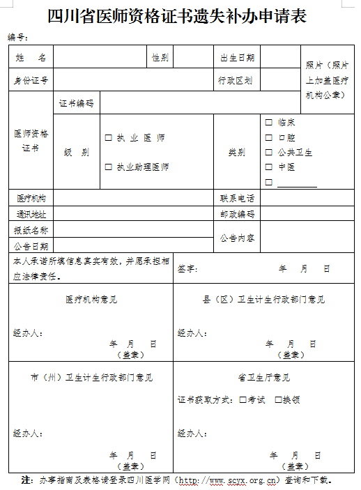 南部縣四川省醫(yī)師資格證書(shū)遺失補(bǔ)辦申請(qǐng)表