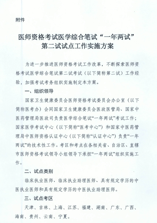 國家衛(wèi)健委關(guān)于在天津等12個(gè)考區(qū)開展“一年兩試”試點(diǎn)工作的通知！