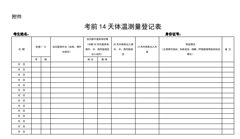 前14天體溫登記表