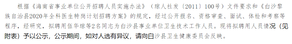 關(guān)于海南省白沙黎族自治縣2020年考核招聘醫(yī)療崗擬聘用人員名單的公示 （第8號）