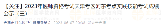 【關(guān)注】2023年醫(yī)師資格考試天津考區(qū)河東考點實踐技能考試成績公示（三）